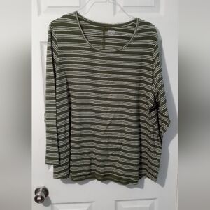 Duluth Trading Co Green and White Striped Long Sleeve Top